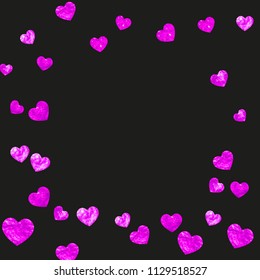 Bridal background with pink glitter hearts. Valentines day. Vector confetti. Hand drawn texture. Love theme for flyer, special business offer, promo. Bridal background template with heart.
