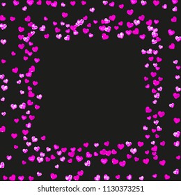 Bridal background with pink glitter hearts. Valentines day. Vector confetti. Hand drawn texture. Love theme for flyer, special business offer, promo. Bridal background template with heart.