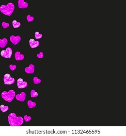 Bridal background with pink glitter hearts. Valentines day. Vector confetti. Hand drawn texture. Love theme for party invite, retail offer and ad. Bridal background template with heart.