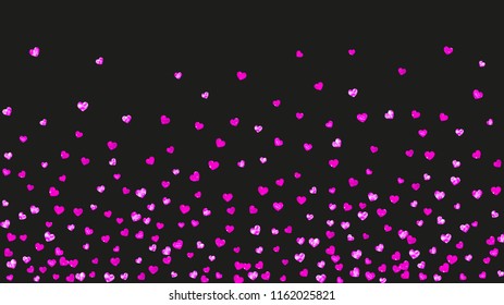 Bridal background with pink glitter hearts. Valentines day. Vector confetti. Hand drawn texture. Love theme for gift coupons, vouchers, ads, events. Bridal background template with heart.