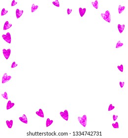 Bridal background with pink glitter hearts. Valentines day. Vector confetti. Hand drawn texture. Love theme for flyer, special business offer, promo. Bridal background template with heart.