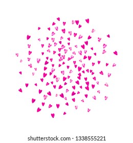 Bridal background with pink glitter hearts. Valentines day. Vector confetti. Hand drawn texture. Love theme for poster, gift certificate, banner. Bridal background template with heart.
