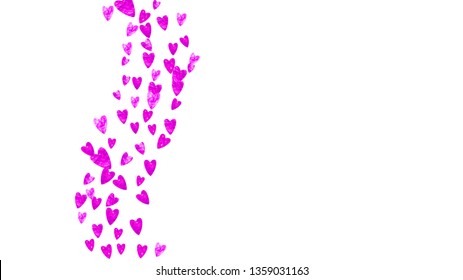 Bridal background with pink glitter hearts. Valentines day. Vector confetti. Hand drawn texture. Love theme for party invite, retail offer and ad. Bridal background template with heart.