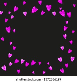 Bridal background with pink glitter hearts. Valentines day. Vector confetti. Hand drawn texture. Love theme for flyer, special business offer, promo. Bridal background template with heart.