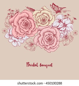 Bridal bouquet. Pink roses floral greeting card