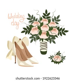 Bridal bouquet and shoes hand drawn cartoon illustration, wedding objects 
