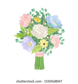 Bridal Bouquet Vector Illustration. Tied With Ribbon Bunch of Flowers