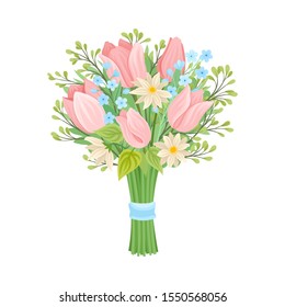 Bridal Bouquet Vector Illustration. Tied With Ribbon Bunch of Flowers