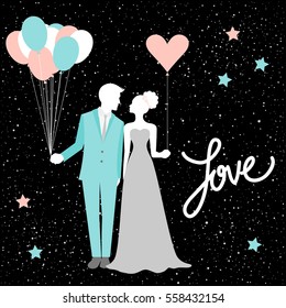 Bridal card with bride and groom silhouette. Romantic wedding decor for card, invitation, poster, banner, menu, placard, billboard, wallpaper, album, scrapbook, t-shirt design etc