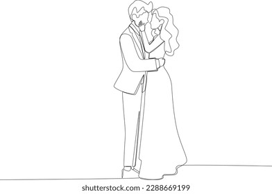 Bridal couple getting ready to kiss at her wedding. Wedding one-line drawing