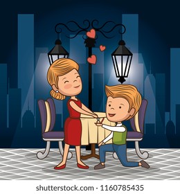 bridal couple having dinner on the street at night