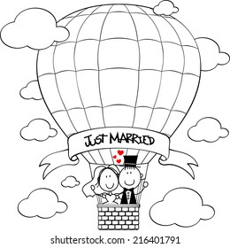 bridal couple on hot air balloon cartoon isolated on white background, ideal for funny wedding invitation