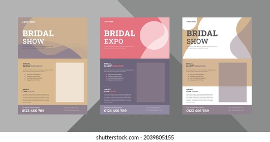 Bridal Expo Flyer Design Template Bundle. Decorative Bridal Poster Leaflet Design. Bundle, 3 In 1, A4 Template, Brochure Design, Cover, Flyer, Poster, Print-ready