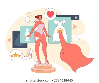 Concepto de traje de novia. Una futura novia emocionada interactúa con una plataforma digital, eligiendo su vestido de novia perfecto. Clics, corazones y reseñas guían su elección. Ilustración vectorial plana.