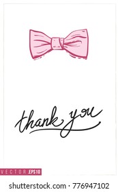 Bridal greeting card with bow tie and text: thank you. Tender pink composition for wedding, nuptials, hen-party invitation cards. Isolated vector art in watercolor style.