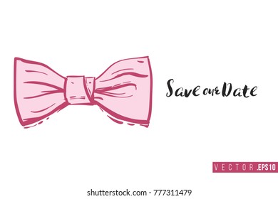 Bridal greeting card with bow tie and text: black save our date. Tender pink composition for wedding, nuptials, hen-party invitation cards. Isolated vector art in watercolor style.