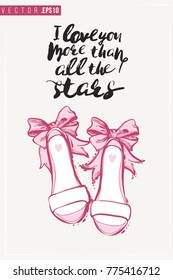 Bridal greeting card with bride shoes and text: i love you more than all the stars. Tender pink composition for wedding, nuptials, hen-party invitation cards. Isolated vector art in watercolor style.