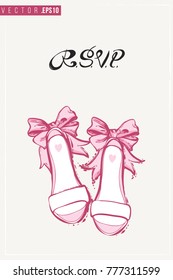 Bridal greeting card with bride shoes and text: rsvp. Tender pink composition for wedding, nuptials, hen-party invitation cards. Isolated vector art in watercolor style.