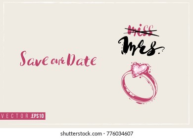 Bridal greeting card with engagement ring composition and text: pink save our date. Tender pink composition for wedding, nuptials, hen-party invitation cards. Isolated vector art in watercolor style.