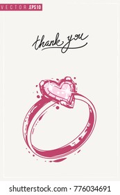 Bridal greeting card with engagement ring and text: thank you. Tender pink composition for wedding, nuptials, hen-party invitation cards. Isolated vector art in watercolor style.