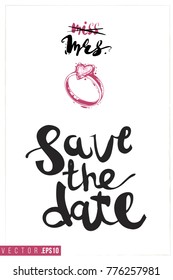 Bridal greeting card with engagement ring composition and text: save the date. Tender pink composition for wedding, nuptials, hen-party invitation cards. Isolated vector art in watercolor style.