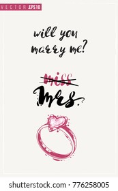 Bridal greeting card with engagement ring composition and text: will you marry me. Tender pink composition for wedding, nuptials, hen-party invitation cards. Isolated vector art in watercolor style.