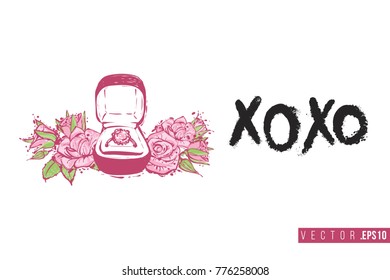 Bridal greeting card with engagement ring box with flowers and text: xoxo. Tender pink composition for wedding, nuptials, hen-party invitation cards. Isolated vector art in watercolor style.