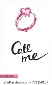 Bridal greeting card with engagement ring and text: call me. Tender pink composition for wedding, nuptials, hen-party invitation cards. Isolated vector art in watercolor style.