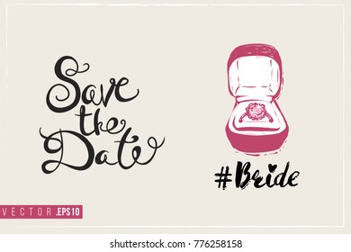 Bridal greeting card with engagement ring box with bride hashtag and text: save the date. Tender pink composition for wedding, nuptials, hen-party invitation cards.