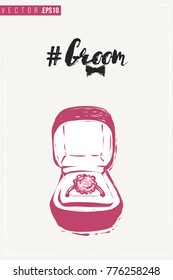 Bridal greeting card with engagement ring box and text: groom hashtag. Tender pink composition for wedding, nuptials, hen-party invitation cards. Isolated vector art in watercolor style.