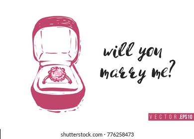 Bridal greeting card with engagement ring box and text: will you marry me. Tender pink composition for wedding, nuptials, hen-party invitation cards. Isolated vector art in watercolor style.