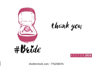 Bridal greeting card with engagement ring box with bride hashtag and text: thank you. Tender pink composition for wedding, nuptials, hen-party invitation cards.