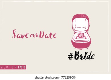 Bridal greeting card with engagement ring box with bride hashtag and text: pink save our date. Tender pink composition for wedding, nuptials, hen-party invitation cards.