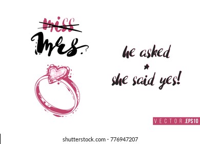 Bridal greeting card with engagement ring composition and text: he asked and she said yes. Tender pink composition for wedding, nuptials, hen-party invitation cards.