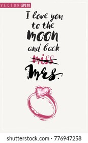 Bridal greeting card with engagement ring composition and text: i love you to the moon and back. Tender pink composition for wedding, nuptials, hen-party invitation cards.