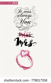 Bridal greeting card with engagement ring composition and text: it was always you. Tender pink composition for wedding, nuptials, hen-party invitation cards. Isolated vector art in watercolor style.