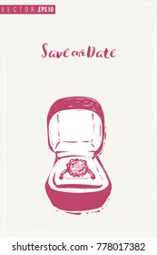 Bridal greeting card with engagement ring box and text: pink save our date. Tender pink composition for wedding, nuptials, hen-party invitation cards. Isolated vector art in watercolor style.