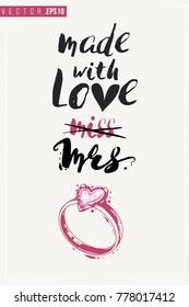 Bridal greeting card with engagement ring composition and text: made with love. Tender pink composition for wedding, nuptials, hen-party invitation cards. Isolated vector art in watercolor style.