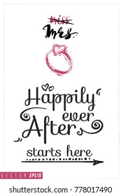 Bridal greeting card with engagement ring composition and text: happily ever after starts here. Tender pink composition for wedding, nuptials, hen-party invitation cards.