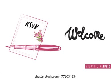 Bridal greeting card with fountain pen and text: welcome. Tender pink composition for wedding, nuptials, hen-party invitation cards. Isolated vector art in watercolor style.