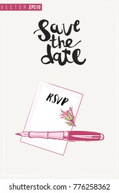 Bridal greeting card with fountain pen and text: save the date. Tender pink composition for wedding, nuptials, hen-party invitation cards. Isolated vector art in watercolor style.