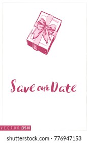 Bridal greeting card with gift box with bow and text: pink save our date. Tender pink composition for wedding, nuptials, hen-party invitation cards. Isolated vector art in watercolor style.