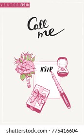 Bridal greeting card with marriage accessories and text: call me. Tender pink composition for wedding, nuptials, hen-party invitation cards. Isolated vector art in watercolor style.