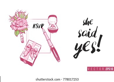 Bridal greeting card with marriage accessories and text: she said yes. Tender pink composition for wedding, nuptials, hen-party invitation cards. Isolated vector art in watercolor style.