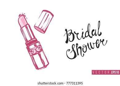 Bridal greeting card with pink lipstick and text: bridal shower. Tender pink composition for wedding, nuptials, hen-party invitation cards. Isolated vector art in watercolor style.