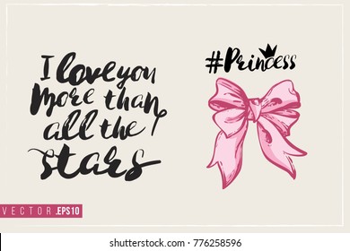 Bridal greeting card with princess bow and text: i love you more than all the stars. Tender pink composition for wedding, nuptials, hen-party invitation cards. Isolated vector art in watercolor style.