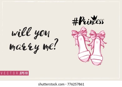 Bridal greeting card with princess shoes and text: will you marry me. Tender pink composition for wedding, nuptials, hen-party invitation cards. Isolated vector art in watercolor style.
