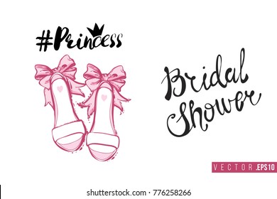 Bridal greeting card with princess shoes and text: bridal shower. Tender pink composition for wedding, nuptials, hen-party invitation cards. Isolated vector art in watercolor style.
