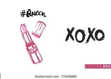 Bridal greeting card with queen lipstick and text: xoxo. Tender pink composition for wedding, nuptials, hen-party invitation cards. Isolated vector art in watercolor style.