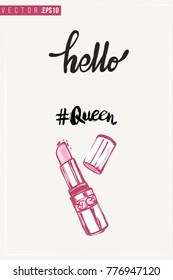 Bridal greeting card with queen lipstick and text: hello. Tender pink composition for wedding, nuptials, hen-party invitation cards. Isolated vector art in watercolor style.